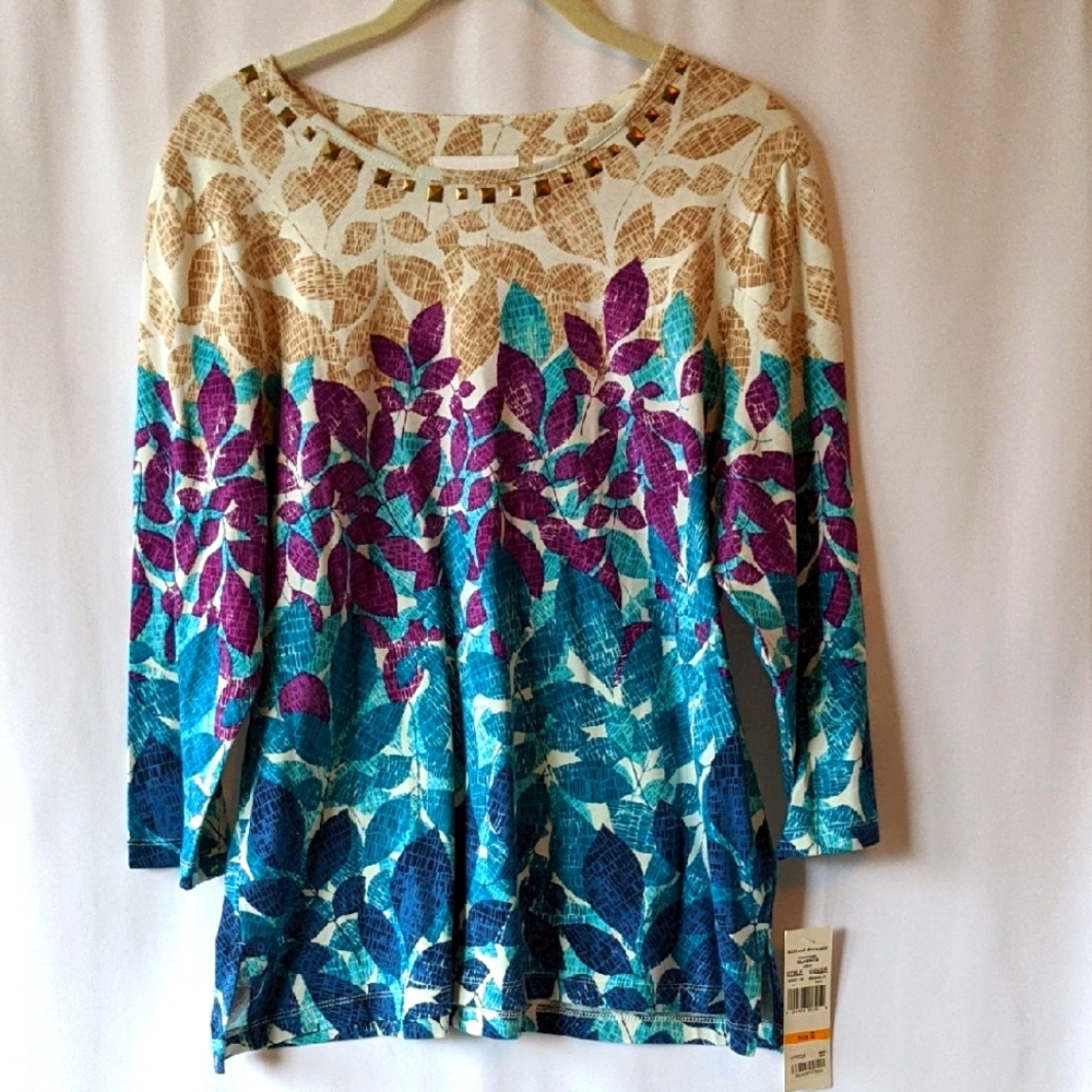 Alfred Dunner Multicolor Leaf Print 3/4 Long Sleeve Top